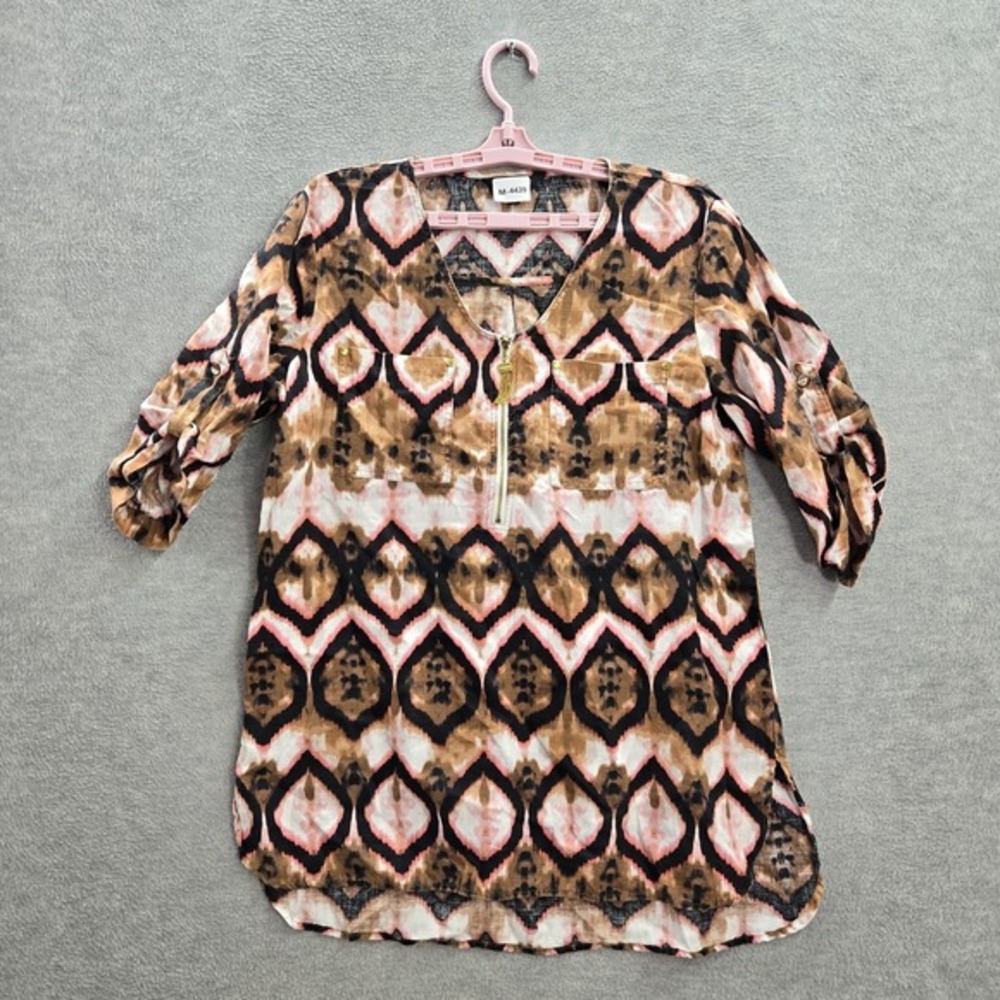 Ellen Tracy Women Blouse M Brown Linen Geometric Tunic Roll‎ Tab Sleeve Pockets